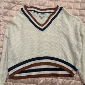 American Eagle Outfitters V-Neck Sweater in Cream with Navy and Brown Trim